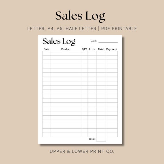 Simple Sales Log, Minimal Sales Tracker, Small Business, Order Tracker, Sales Record Template, Printable Letter/A4/A5/Half Letter