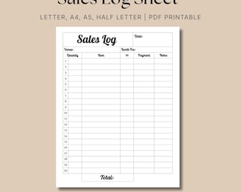 Simple Sales Log Sheet, Minimal Sales Tracker, Small Business, Order Tracker, Sales Template, Printable Letter/A4/A5/Half Letter Download