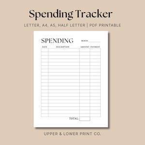 Pode incluir: Um rastreador de gastos imprimível branco sobre um fundo bege. O documento inclui seções para data, descrição, valor e pagamento. O título "Spending Tracker" está no topo, com "LETTER, A4, A5, HALF LETTER | PDF PRINTABLE" abaixo.