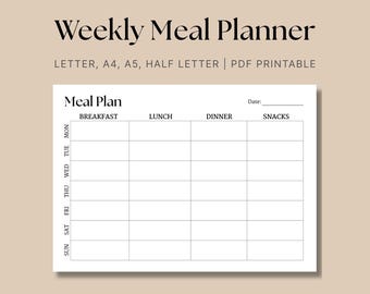 Weekly Meal Planner Printable: Minimalist Horizontal Layout (Digital Download PDF)