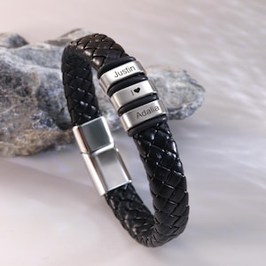 Personalized Men's Braid Leather Bracelet, Custom Kids Name Bead Bracelet, Mens Leather Jewelry, Christmas Gift for Husband, Gift for Father