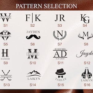 Op de afbeelding: Een selectie van 16 verschillende monogram- en ontwerpopties, gelabeld S1 tot en met S16, wordt weergegeven op een witte achtergrond. De tekst "PATTERN SELECTION" staat bovenaan. De ontwerpen omvatten initialen, namen en symbolen.