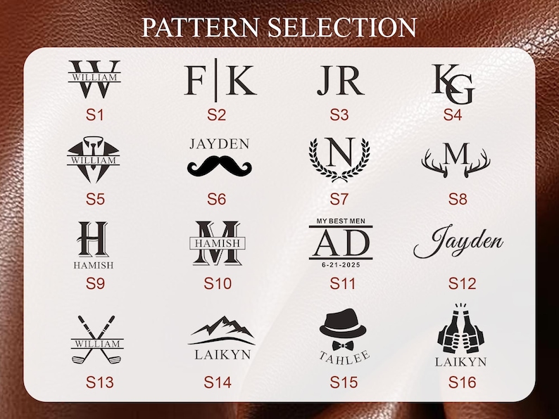 Op de afbeelding: Een selectie van 16 verschillende monogram- en ontwerpopties, gelabeld S1 tot en met S16, wordt weergegeven op een witte achtergrond. De tekst "PATTERN SELECTION" staat bovenaan. De ontwerpen omvatten initialen, namen en symbolen.
