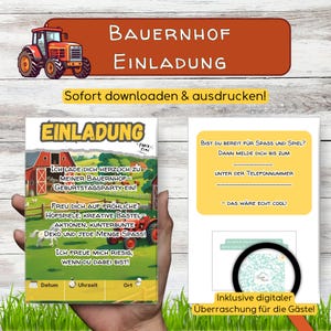 Bauernhof Kindergeburtstag Einladung, Motto für Geburtstag,  interaktive digitale Einladungskarte als Druckvorlage mit QR-Code