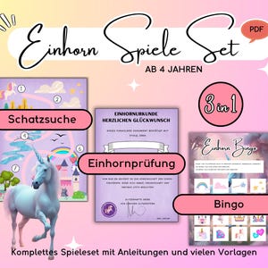 Einhorngeburtstag Spiele – PDF Set mit Einhorn Schatzsuche, Prüfung, Bingo & Urkunde zum Ausdrucken • Spiele Kindergeburtstag
