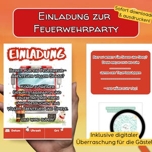 Könnte beinhalten: Eine rote und weiße Einladung für eine Geburtstagsparty zum Thema Feuerwehr. Die Einladung zeigt einen Cartoon-Feuerwehrwagen, einen Hund und Text auf Deutsch. Enthält einen QR-Code und einen Aufruf zur Anmeldung.
