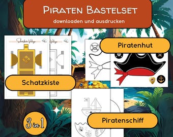Piraten Bastelset Kinder – Vorlagen zum Ausdrucken | Schatzkiste, Piratenhut, Piratenschiff DIY | Deko für Piraten Geburtstag