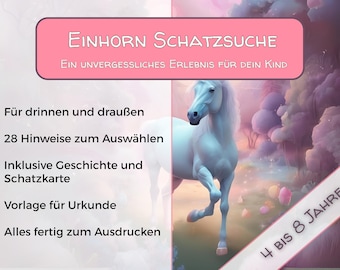 Einhorngeburtstag Spiele – Schatzsuche mit Einhorn Schnitzeljagd, Schatzkarte & Urkunde – PDF für Kindergeburtstag Einhorn