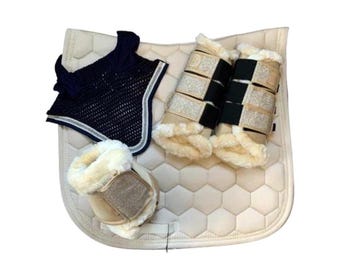 Luxury Baby Blue Quilted Horse Saddle Pad Set with Fleece Boots