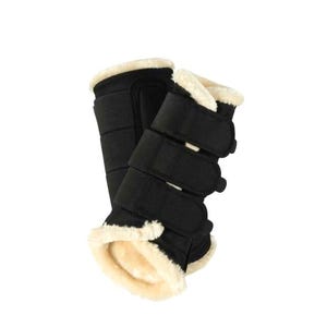 Black Horse Brushing Boots with Cream Faux Fur – Protective Tendon Boots with Strong Velcro Straps | Equestrian Riding Leg Protection