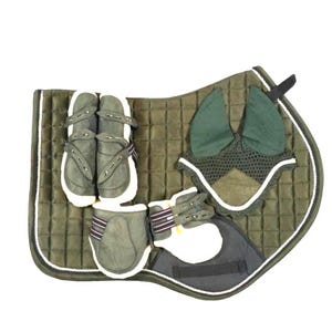 Dark Green Horse Saddle Pad Set – 4pc Equestrian Riding Kit with Ear Bonnet & Faux Sheepskin Brushing  Fetlock Boots | Cob/Full Size