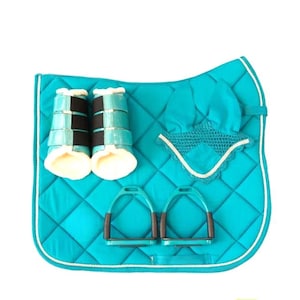 Turquoise Horse Riding Set – Saddle Pad, Ear Bonnet, Brushing Boots & Stirrups | Equestrian Tack Set for English Riding