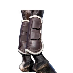 Brown Sheepskin Horse Tendon Boots Shock Absorbing Front Leg Protection Boots Adjustable Velcro Straps Jumping Training Equestrian Tack
