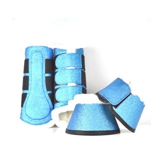 Blue Glitter Horse Brushing Boots & Bell Boots Set | Faux Fur Lined | Pony, Cob, Full Sizes Equestrian Protective Boots Matching Horse Tack