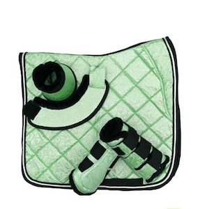 Mint Green Saddle Pad Set Quilted Floral Horse Saddle Pad with Matching Boots, Bell Boots Polo Wraps Equestrian Riding Gear Dressage Jumping