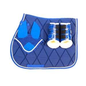 Royal Blue Horse Saddle Pad Set – 4pc Matching Dressage Set with Ear Bonnet & Brushing Boots | Equestrian Gift Set | Full/Cob Size