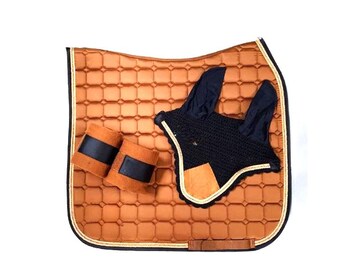 Honey Brown Horse Tack Set: Full Size Saddle Pad, Ear Bonnet & Polo Wraps