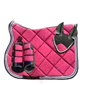 Glitter Maroon Horse Tack Set | Saddle Pad, Ear Bonnet & Brushing Boots | Equestrian Gift Set | Full Size | Sparkly Riding Gear