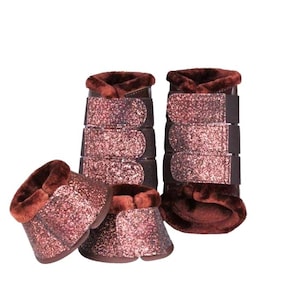 Brown Glitter Horse Brushing Boots & Bell Boots Set | Faux Fur Lined | Pony, Cob, Full Sizes Equestrian Protective Boots Matching Horse Tack