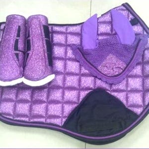 Luxury Glitter Saddle Pad Set | Matching Boots & Ear Bonnet | Purple Horse Tack | Handmade English Pad | Dressage/Jumping Set