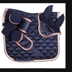 Luxury Navy & Rose Gold Horse Riding Set | Saddle Pad, Ear Bonnet / Polo Wraps | Equestrian Gift Set | Full Size | Dressage Style