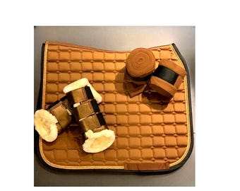 Caramel Brown Horse Riding Set: Fleece Lined Boots, Polo Wraps, Saddle Pad