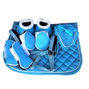 Sky Blue 7-Piece Horse Riding Set | Complete Equestrian Tack – Saddle Pad, Bonnet, Boots, Bell Boots, Halter | Pony, Cob, Full Sizes
