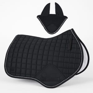 Black Quilted Saddle Pad with Matching Ear Bonnet | All Purpose English Saddle Pad Set | Breathable Horse Tack | Custom Horse Riding Gear