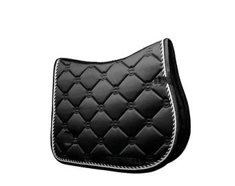 Manta de silla de doma clásica negra de lujo: acolchada con diseño de rombos, suave y con absorción de impactos.