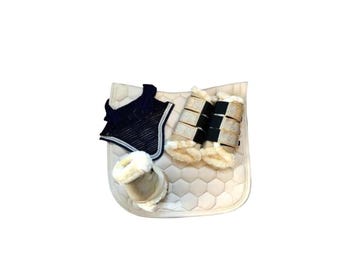 Cream Horse Saddle Pad Set: Navy Bonnet, Leg & Bell Boots - Equestrian Tack