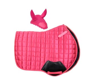 Pink Quilted English Saddle Pad & Ear Bonnet Set: Breathable Horse Tack