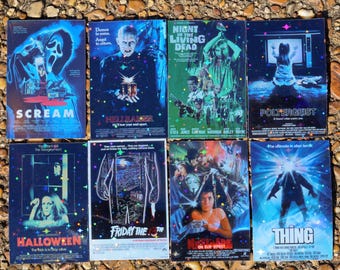 80s 90s Slasher Movie Poster Stickers: Glow in Dark or Holographic Vinyl (8 Stickers)