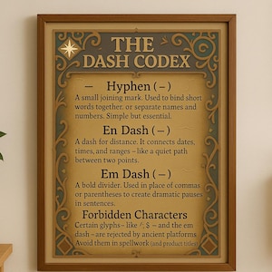 Può includere: Un poster incorniciato in legno marrone con sfondo beige e lettere dorate. Il poster è intitolato "The Dash Codex" e spiega i diversi tipi di trattini utilizzati nella scrittura, tra cui il trattino, il trattino breve e il trattino lungo. Elenca anche i caratteri proibiti, come la barra obliqua, il simbolo del dollaro e il trattino lungo, che vengono rifiutati dalle piattaforme antiche.