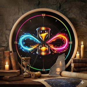 May include: A circular wall clock with a black face. It features a gold hourglass at the centre, combined with a colourful infinity symbol. The clock has Roman numerals and a wooden frame. The background includes books, candles, and a map, creating a mystical theme.