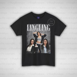May include: Black t-shirt with a graphic design featuring three women and the word "LINGLING". The central image shows a woman in a crop top and jacket, with two other portraits below. The design has a vintage aesthetic.