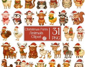 Christmas Farm Animals Clipart Bundle PNG, Cute Watercolor Animal ...