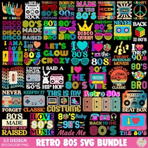 Op de afbeelding: Een verzameling retro graphics in 80's thema's in verschillende kleuren, met tekstontwerpen zoals "80's Rock" en "I Love the 80's". De ontwerpen bevatten elementen zoals cassettes, zonnebrillen en boomboxen, perfect voor knutselprojecten.