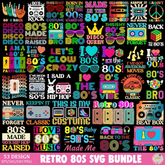 Retro 80s SVG Bundle, 90s Retro T-shirt Design svg, Vintage Retro 80s SVG Cut Files For Cricut, 80s Design Digital print