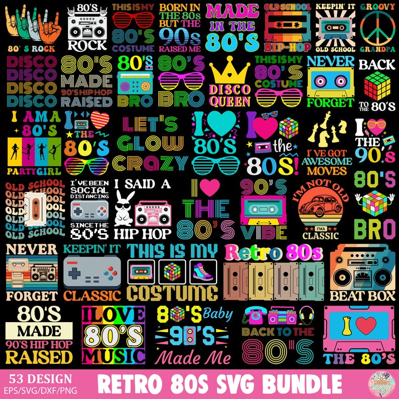 May include: A collection of retro 80s-themed graphics in various colors, including text designs like "80's Rock," "Disco," and "I Love the 80's." The designs feature elements like cassette tapes, sunglasses, and boomboxes, perfect for crafting projects.
