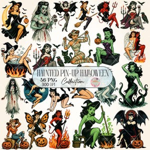 May include: A digital art collection featuring pin-up style illustrations with a Halloween theme. The images showcase women dressed as witches, devils, mummies, and other spooky characters. The text "Haunted Pin-Up Halloween Collection" is visible.