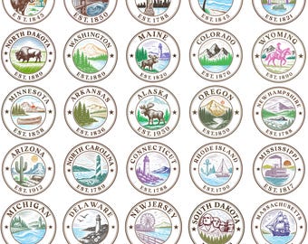 50 United States Postage Stamp Clipart Bundle, USA State Stamp Badges, Travel Stickers Digital files, Vintage States Badges, Postage png