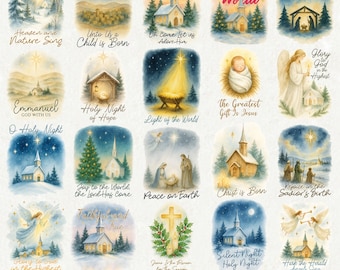 May include: A collection of 20 watercolor images with Christian themes. Each image features a church, nativity scene, or religious text such as "Joy to the World" and "Silent Night". The images are in a variety of colors, including blue, gold, and green.