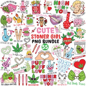 Puede incluir: Una colección de gráficos digitales coloridos con temática de fumeta. Incluye corazones, hojas de cannabis, bongs y texto como "Cute Stoner Girl PNG Bundle" y "High on Love". Perfecto para proyectos de arte digital.