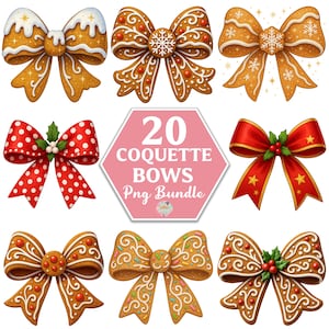 Puede incluir: Una colección de nueve lazos decorativos en varios estilos. Los lazos incluyen diseños de galletas de jengibre con glaseado blanco y lazos de lunares rojos y blancos. Un letrero hexagonal rosa dice "20 COQUETTE BOWS Png Bundle."