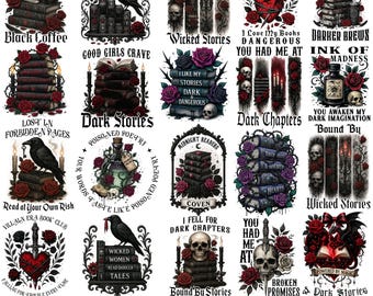 Gothic Book PNG Bundle, Dark Academia Reading Quotes, Spooky Book Lover Shirt Png, Gothic Library ClipArt, Vintage horror Romance Reader PNG