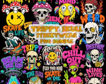 Trippy Streetwear PNG Bundle, Psychedelic Skull Clipart, Neon Grunge Y2K Graphic Designs, Skate Punk Sublimation PNG Digital Download