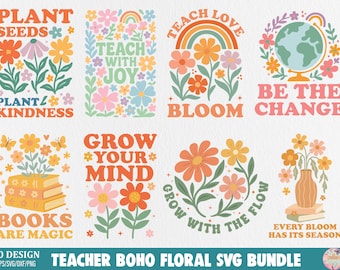 Teacher Boho Floral T-shirt Bundle, Teacher Quotes SVG, Teacher Life Cut Files for Cricut, Last Days School, Inspire Educate Motivate SVG