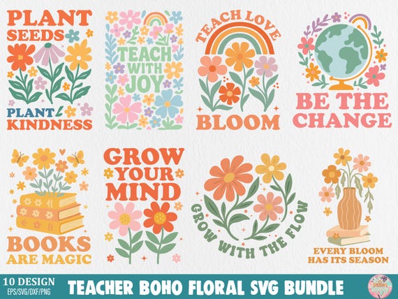 Teacher Boho Floral T-shirt Bundle, Teacher Quotes SVG, Teacher Life Cut Files for Cricut, Last Days School, Inspire Educate Motivate SVG