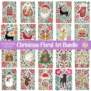 Puede incluir: Un conjunto de 25 diseños de arte floral navideño en formato SVG/PNG. Cada diseño presenta una imagen central festiva, como Papá Noel, un reno o un árbol de Navidad, rodeada de flores de pascua rojas y follaje verde.