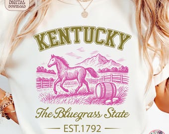Vintage Kentucky State T-Shirt SVG, The Bluegrass State Clipart, Horse Barrel Farm Souvenir png, Kentucky State PNG, Retro cityscape png